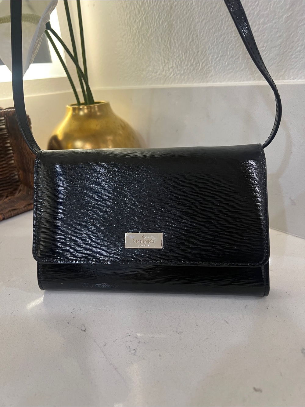 kate spade Black Patent Leather Flap Crossbody Bag. Straps can be removed.